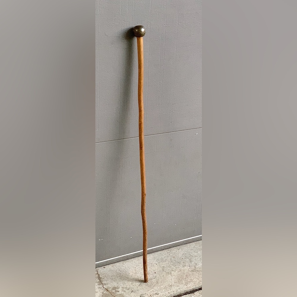 19th Century Antique Rustic Solid Metal Knob Natural Wooden Shaft Walking Stick